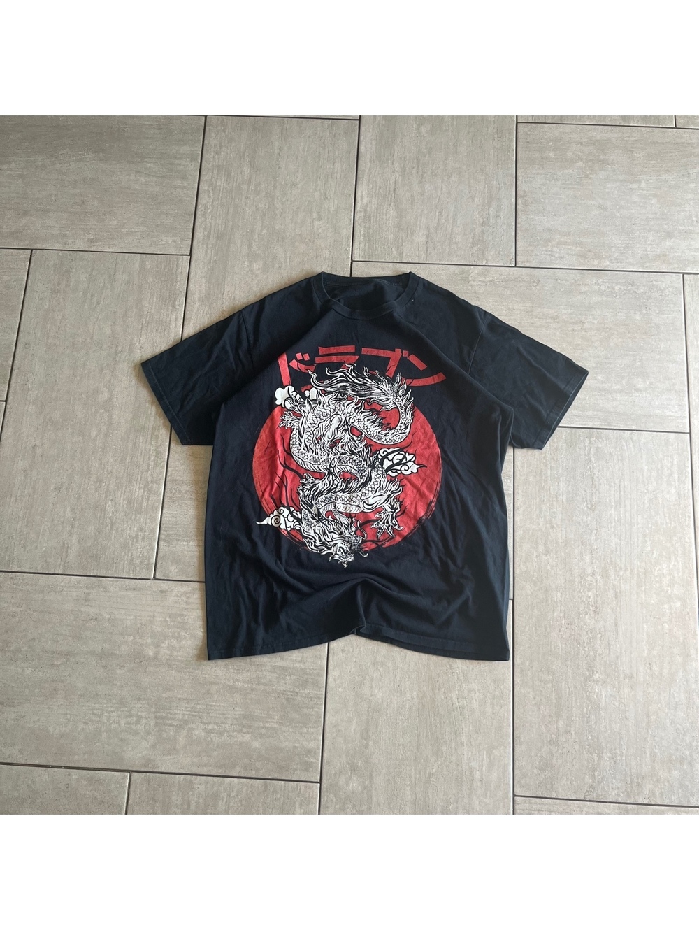Black Graphic Dragon T-Shirt Casual Tee Large